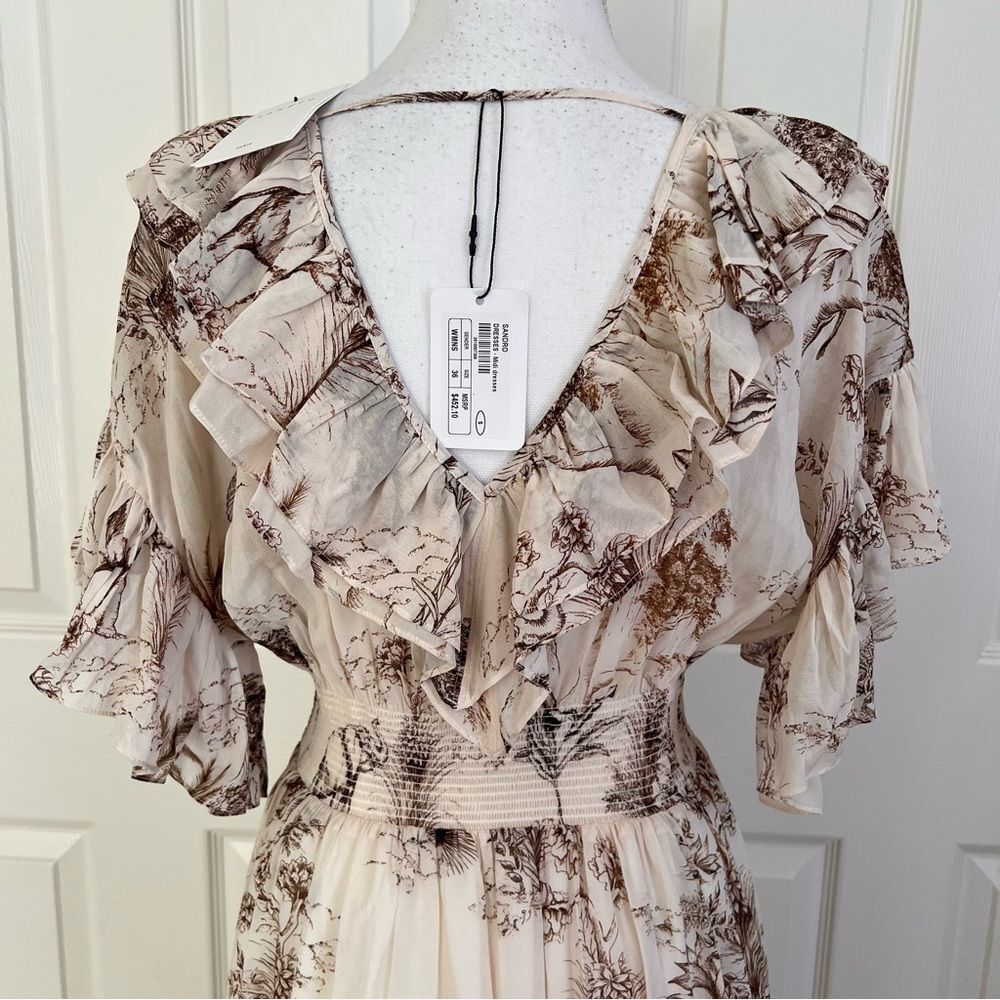 SANDRO Natural Marro Ruffled Printed Gauze Midi Dress EU 36 US S MSRP $245 - Picture 9 of 12